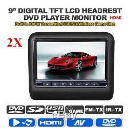 2PCS 9 inch Car DVD LCD Headrest USB SD HDMI Monitor Player Games Remote Control