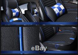 Luxury 5-Seat Car Seat Cover Gingham PU Leather Front+Rear Cushion withNECK Pillow