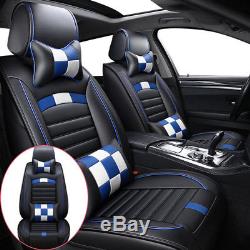 Luxury 5-Seat Car Seat Cover Gingham PU Leather Front+Rear Cushion withNECK Pillow