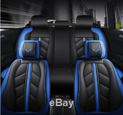 Universal Deluxe Edition Blue PU Leather Front +Rear Car Seat Covers Cushion Set